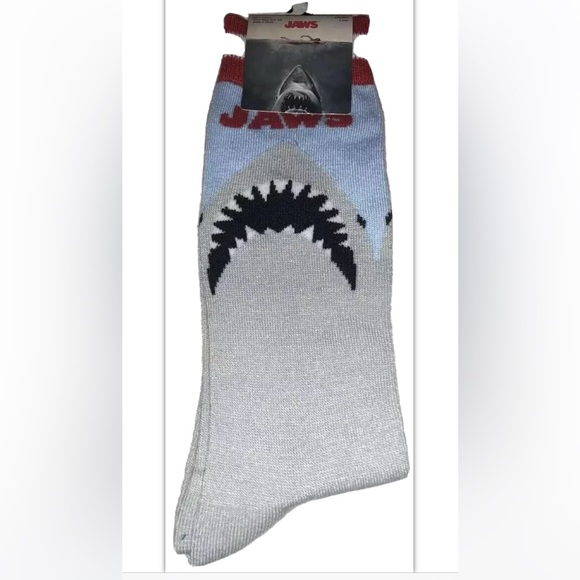 Jaws Crew Socks 1 Pair Men 6.5-12 Gray Blue Red Icon Spielberg Horror Film Shark - Picture 1 of 9